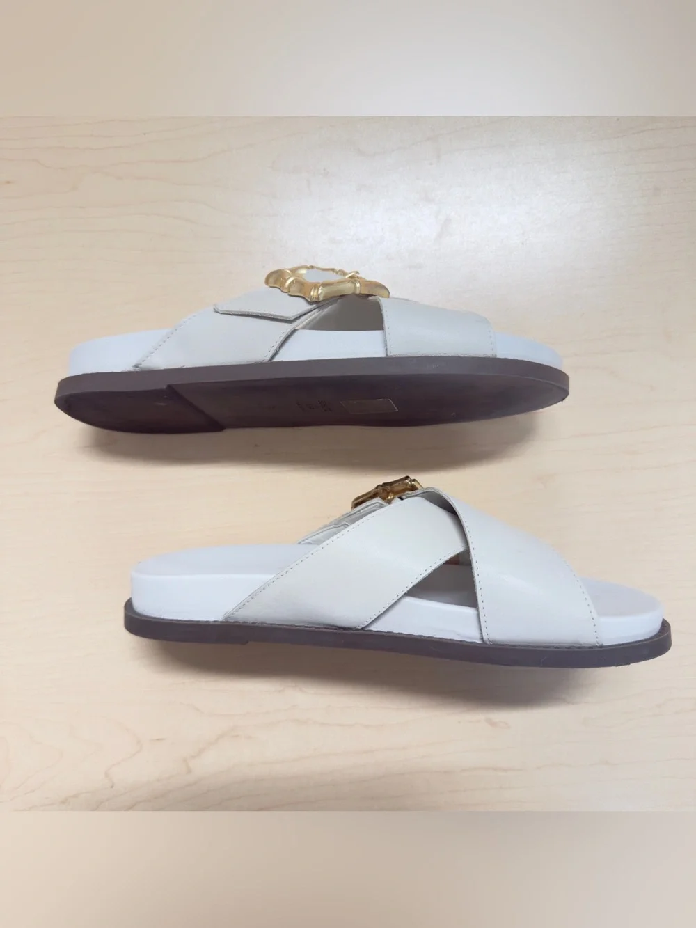 SCHUTZ Enola Leather Crossband Gold Buckle Slide Sandals Pearl White 8.5